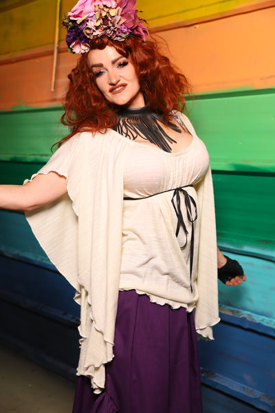 Classic Blouse w/Waterfall sleeves in Ivory Stretch Lightweight Rayon Knit - FriYAY Restock!
