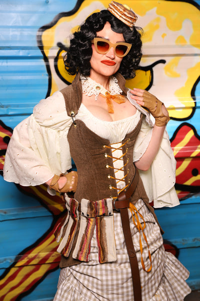 Petite Overbust Tailed Corset in Brown Heather - "Wakey Wakey Eggs & Bakey" Collection