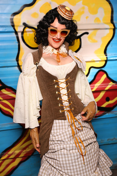 Petite Overbust Tailed Corset in Brown Heather - "Wakey Wakey Eggs & Bakey" Collection