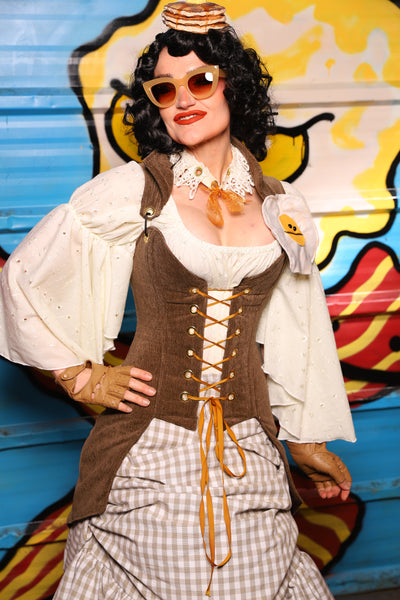 Petite Overbust Tailed Corset in Brown Heather - "Wakey Wakey Eggs & Bakey" Collection