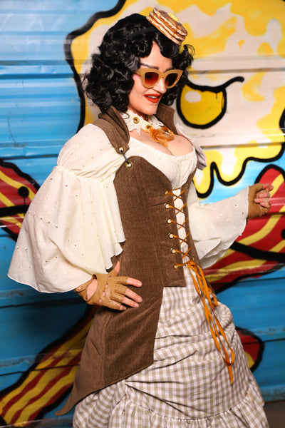 Petite Overbust Tailed Corset in Brown Heather - "Wakey Wakey Eggs & Bakey" Collection