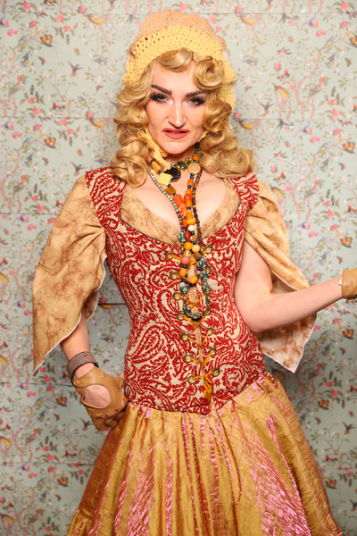 25. Damsel Corset in Red & Cream Paisley Damask - March of the Ides Collection