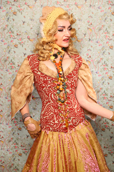 25. Damsel Corset in Red & Cream Paisley Damask - March of the Ides Collection
