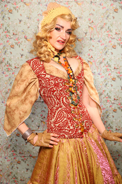 25. Damsel Corset in Red & Cream Paisley Damask - March of the Ides Collection