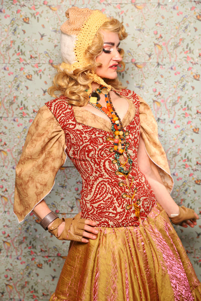 25. Damsel Corset in Red & Cream Paisley Damask - March of the Ides Collection