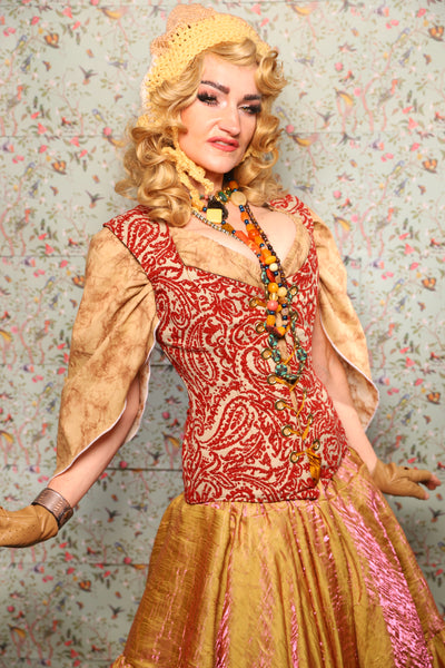25. Damsel Corset in Red & Cream Paisley Damask - March of the Ides Collection