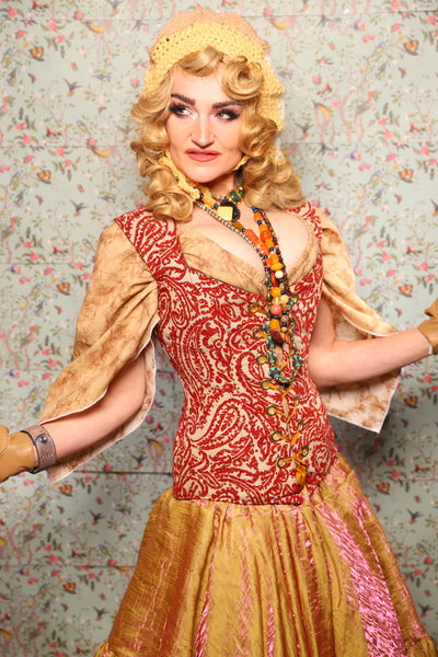 25. Damsel Corset in Red & Cream Paisley Damask - March of the Ides Collection