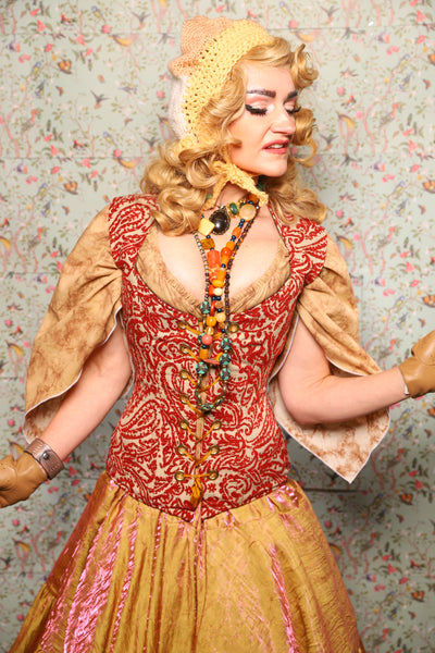 25. Damsel Corset in Red & Cream Paisley Damask - March of the Ides Collection