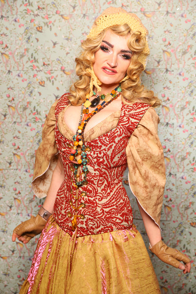25. Damsel Corset in Red & Cream Paisley Damask - March of the Ides Collection