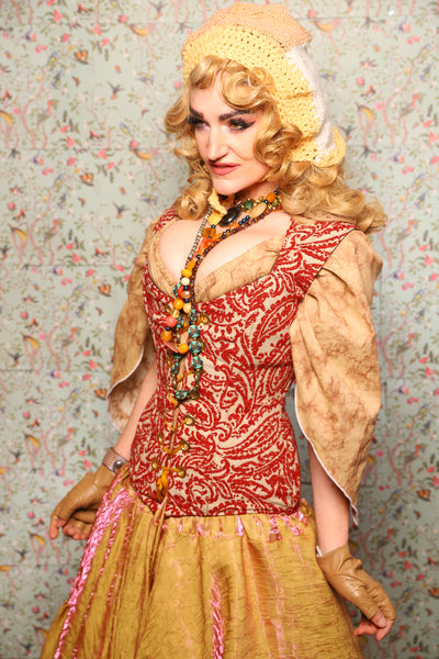 25. Damsel Corset in Red & Cream Paisley Damask - March of the Ides Collection