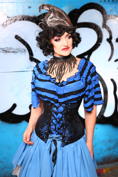 Wench Corset in Blue & Black Medallion #49 - "Pieces of Eight" Collection