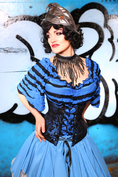 Wench Corset in Blue & Black Medallion #49 - "Pieces of Eight" Collection