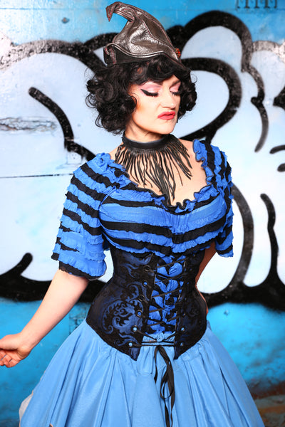 Wench Corset in Blue & Black Medallion #49 - "Pieces of Eight" Collection