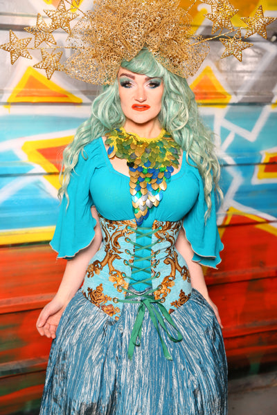 Torian Corset in Turquoise & Gold Medallion #48 - The "Chasing Waterfalls" Collection