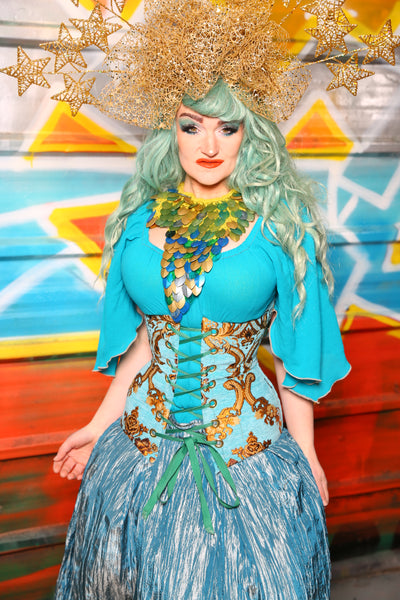 Torian Corset in Turquoise & Gold Medallion #48 - The "Chasing Waterfalls" Collection