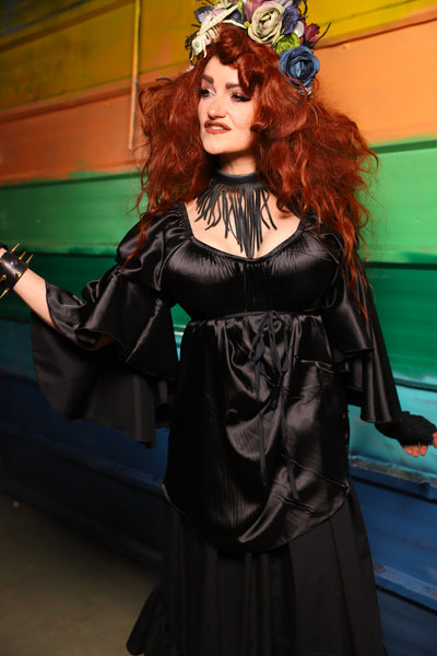 Flounce Blouse in Black Satin - FriYAY Restock!