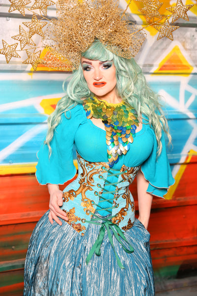 Torian Corset in Turquoise & Gold Medallion #48 - The "Chasing Waterfalls" Collection