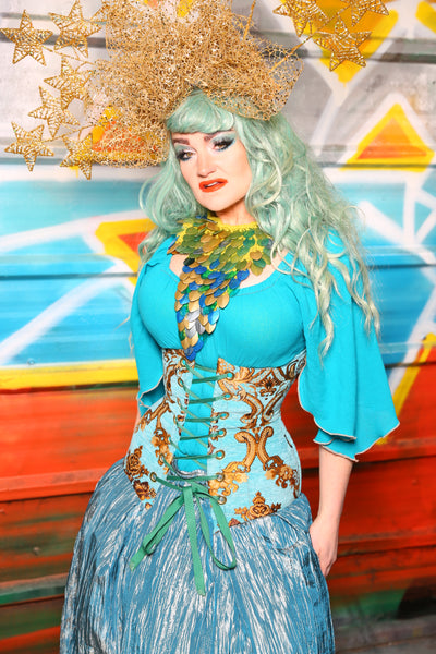 Torian Corset in Turquoise & Gold Medallion #48 - The "Chasing Waterfalls" Collection