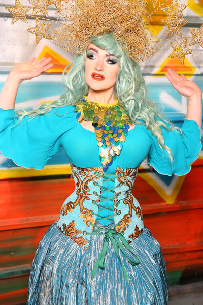 Torian Corset in Turquoise & Gold Medallion #48 - The "Chasing Waterfalls" Collection