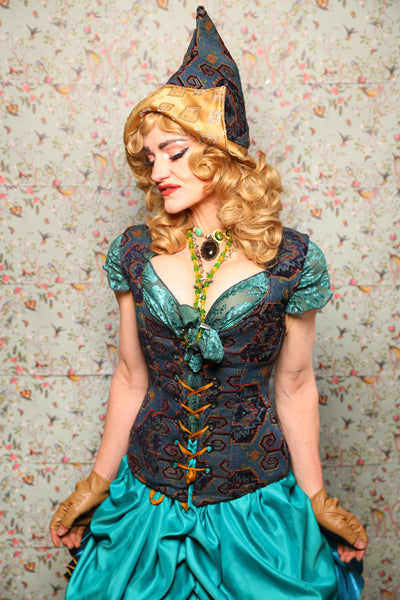 23. Damsel Corset in Geometric Peacock Upholstery - March of the Ides Collection