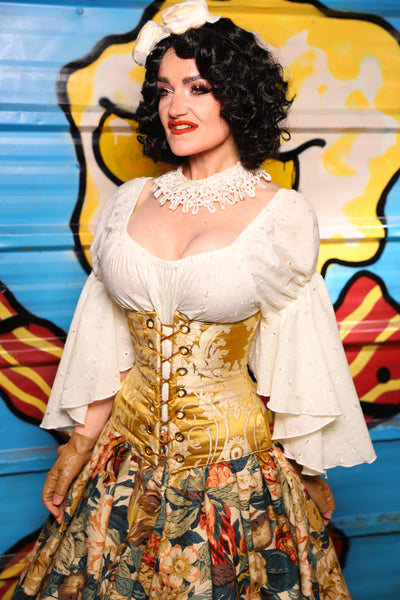 Wench Underbust Corset in Belle Gold Damask - "Wakey Wakey Eggs & Bakey" Collection