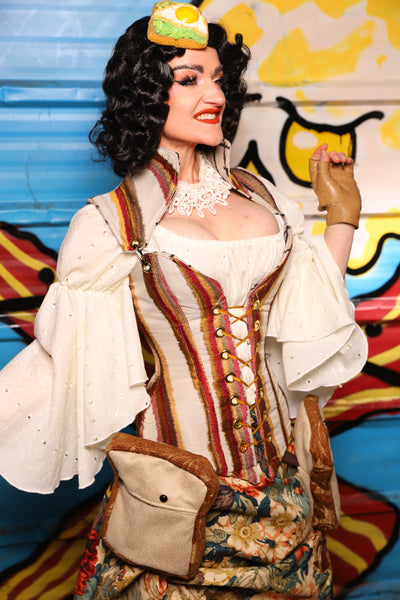 Overbust Corset w/Detachable Arch Collar in Bring Home the Bacon Stripe - "Wakey Wakey Eggs & Bakey" Collection