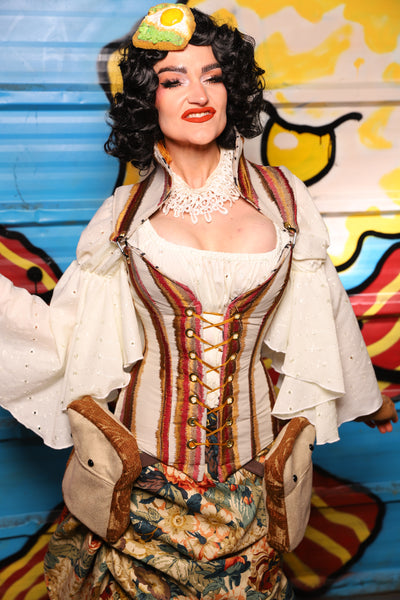 Overbust Corset w/Detachable Arch Collar in Bring Home the Bacon Stripe - "Wakey Wakey Eggs & Bakey" Collection