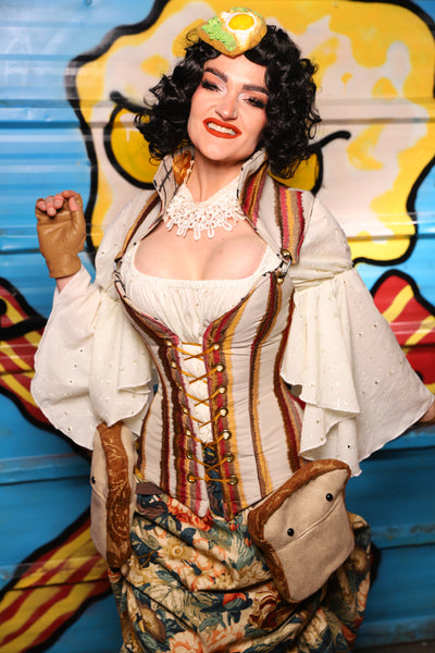 Overbust Corset w/Detachable Arch Collar in Bring Home the Bacon Stripe - "Wakey Wakey Eggs & Bakey" Collection