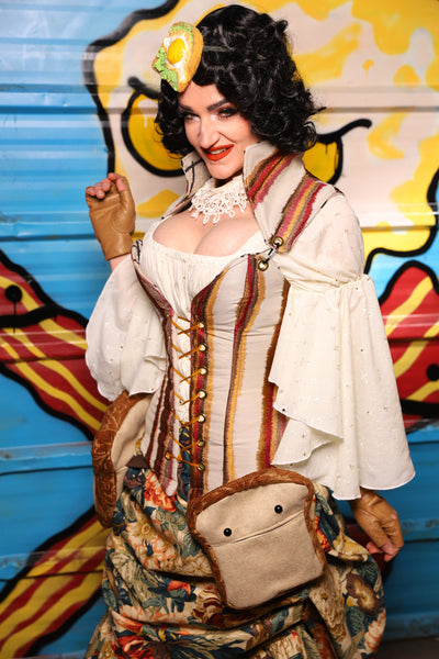 Overbust Corset w/Detachable Arch Collar in Bring Home the Bacon Stripe - "Wakey Wakey Eggs & Bakey" Collection
