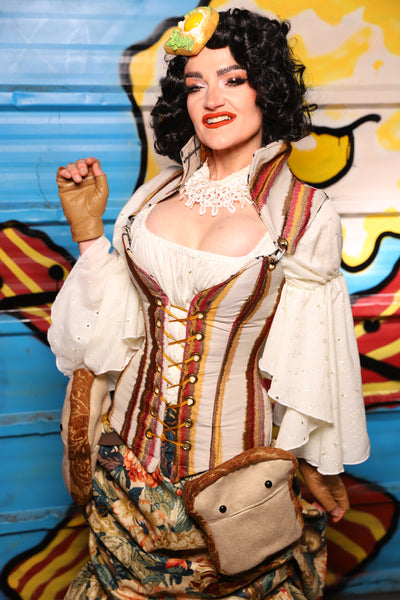 Overbust Corset w/Detachable Arch Collar in Bring Home the Bacon Stripe - "Wakey Wakey Eggs & Bakey" Collection