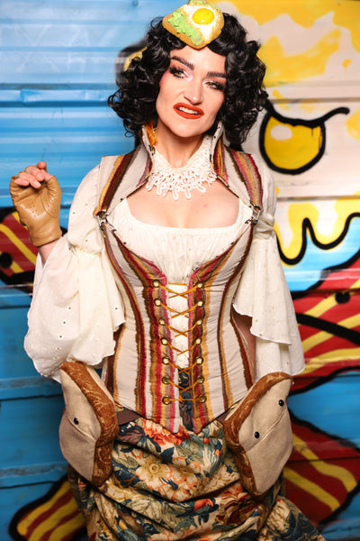 Overbust Corset w/Detachable Arch Collar in Bring Home the Bacon Stripe - "Wakey Wakey Eggs & Bakey" Collection