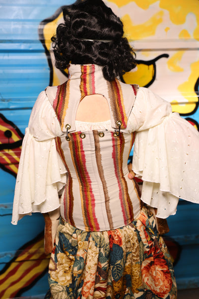 Overbust Corset w/Detachable Arch Collar in Bring Home the Bacon Stripe - "Wakey Wakey Eggs & Bakey" Collection