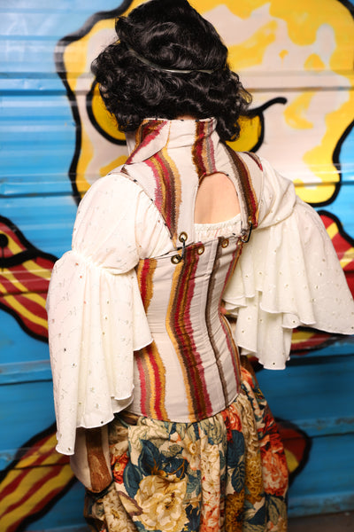 Overbust Corset w/Detachable Arch Collar in Bring Home the Bacon Stripe - "Wakey Wakey Eggs & Bakey" Collection