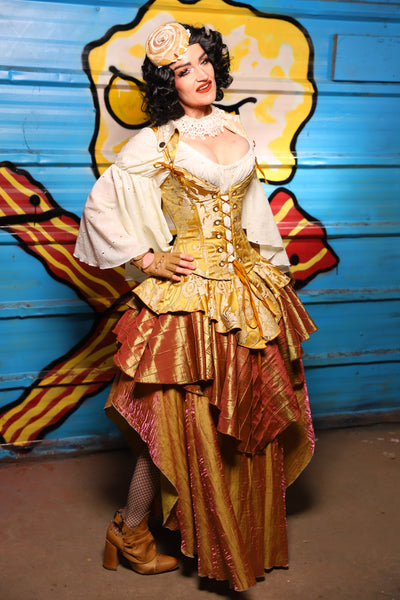 Deluxe 2-Tier Peplum Ruffle in Belle Gold Damask with Sunrise Pintuck Base Ruffle - "Wakey Wakey Eggs & Bakey" Collection