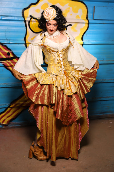 Deluxe 2-Tier Peplum Ruffle in Belle Gold Damask with Sunrise Pintuck Base Ruffle - "Wakey Wakey Eggs & Bakey" Collection