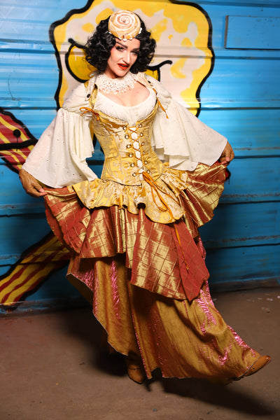Deluxe 2-Tier Peplum Ruffle in Belle Gold Damask with Sunrise Pintuck Base Ruffle - "Wakey Wakey Eggs & Bakey" Collection