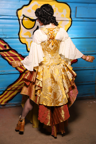 Deluxe 2-Tier Peplum Ruffle in Belle Gold Damask with Sunrise Pintuck Base Ruffle - "Wakey Wakey Eggs & Bakey" Collection