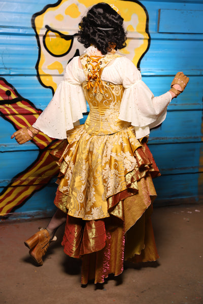 Deluxe 2-Tier Peplum Ruffle in Belle Gold Damask with Sunrise Pintuck Base Ruffle - "Wakey Wakey Eggs & Bakey" Collection