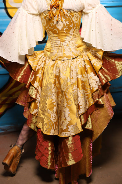 Deluxe 2-Tier Peplum Ruffle in Belle Gold Damask with Sunrise Pintuck Base Ruffle - "Wakey Wakey Eggs & Bakey" Collection