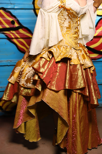 Deluxe 2-Tier Peplum Ruffle in Belle Gold Damask with Sunrise Pintuck Base Ruffle - "Wakey Wakey Eggs & Bakey" Collection