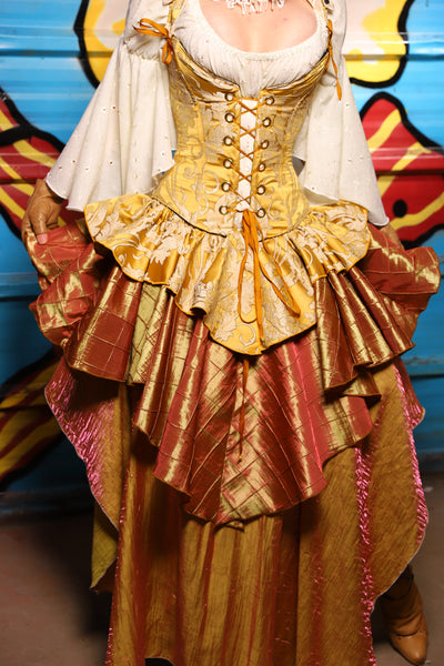 Deluxe 2-Tier Peplum Ruffle in Belle Gold Damask with Sunrise Pintuck Base Ruffle - "Wakey Wakey Eggs & Bakey" Collection