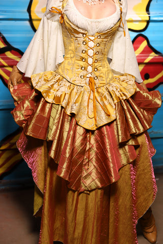 Deluxe 2-Tier Peplum Ruffle in Belle Gold Damask with Sunrise Pintuck Base Ruffle - "Wakey Wakey Eggs & Bakey" Collection