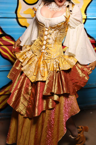 Deluxe 2-Tier Peplum Ruffle in Belle Gold Damask with Sunrise Pintuck Base Ruffle - "Wakey Wakey Eggs & Bakey" Collection