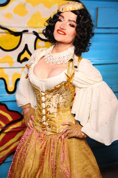 Petite Crossfire Overbust *Base Corset ONLY - Collars Sold Seperatly* in Belle Gold Damask - "Wakey Wakey Eggs & Bakey" Collection