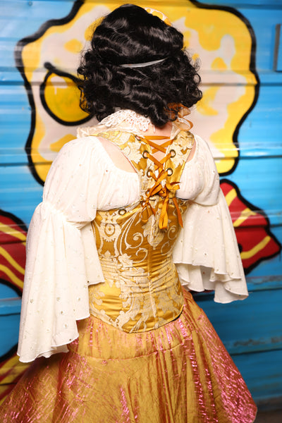 Petite Crossfire Overbust *Base Corset ONLY - Collars Sold Seperatly* in Belle Gold Damask - "Wakey Wakey Eggs & Bakey" Collection