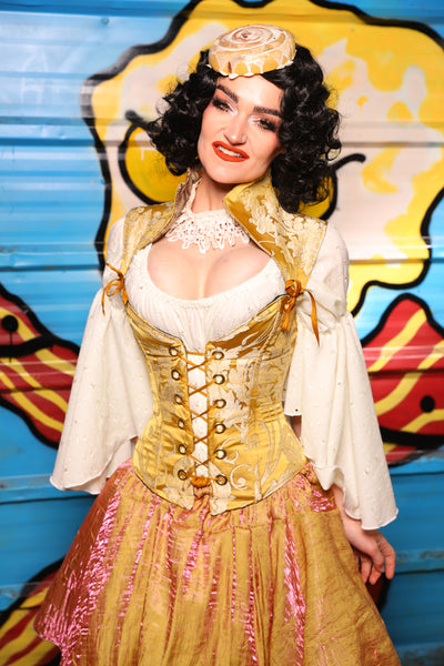 Petite Crossfire Overbust *Base Corset ONLY - Collars Sold Seperatly* in Belle Gold Damask - "Wakey Wakey Eggs & Bakey" Collection