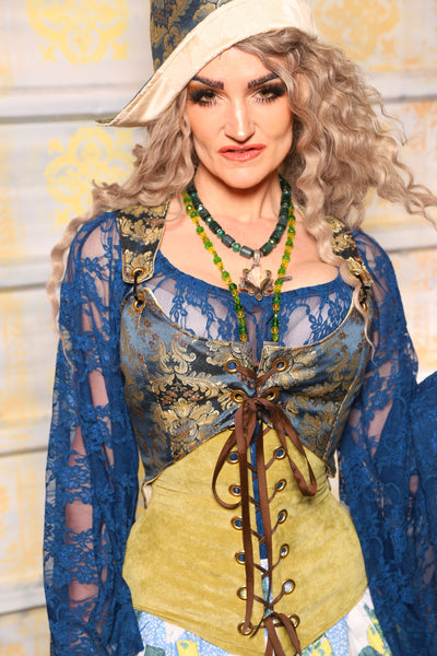 Cropped Marie Overbust in Blue & Gold Brocade Medallion - Surprise Sale!