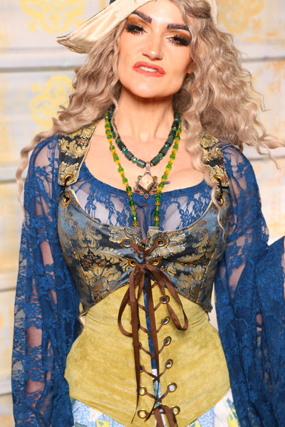 Cropped Marie Overbust in Blue & Gold Brocade Medallion - Surprise Sale!