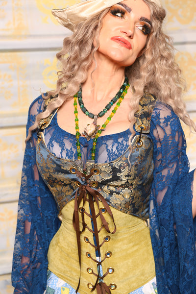 Cropped Marie Overbust in Blue & Gold Brocade Medallion - Surprise Sale!
