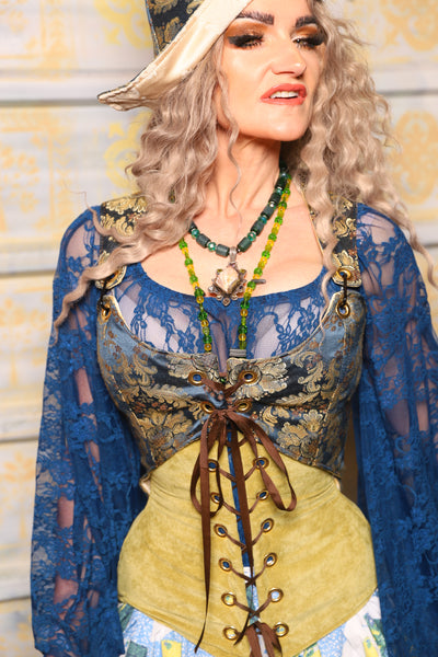 Cropped Marie Overbust in Blue & Gold Brocade Medallion - Surprise Sale!